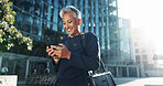 Reading, phone and business with woman in city for stock market report, smile and investment app. Trader portfolio, communication and client chat with mature person outdoor for mobile and networking