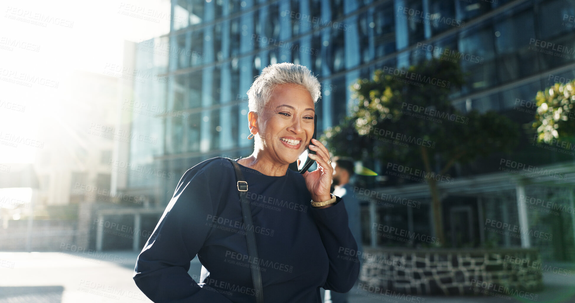 Buy stock photo Phone call, business and woman in city, smile and travelling with conversation, investor and talk. Mature person, accounting and financial advisor with commute and digital app for communication