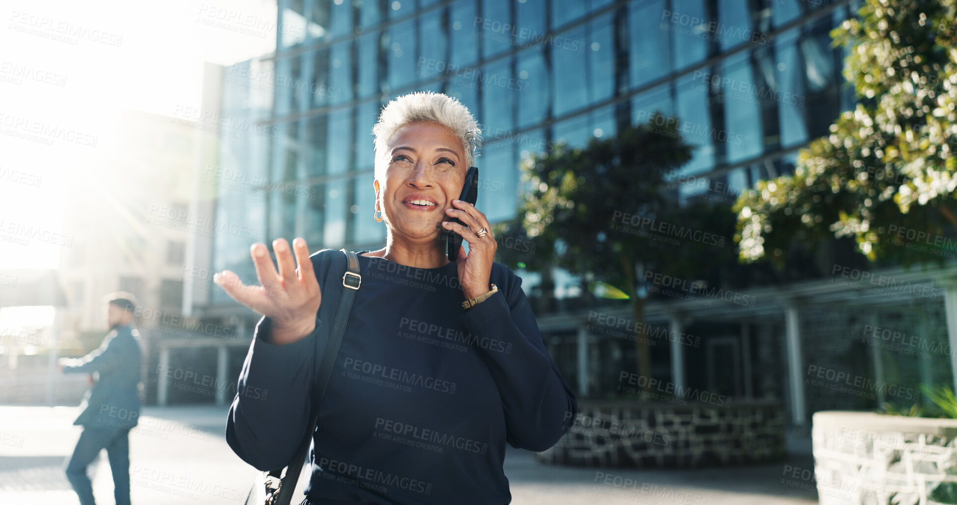 Buy stock photo Phone call, business and woman with conversation, outdoor and legal aid with smile. Mature person, lawyer and attorney in city, travel and app for communication, schedule and happy with feedback