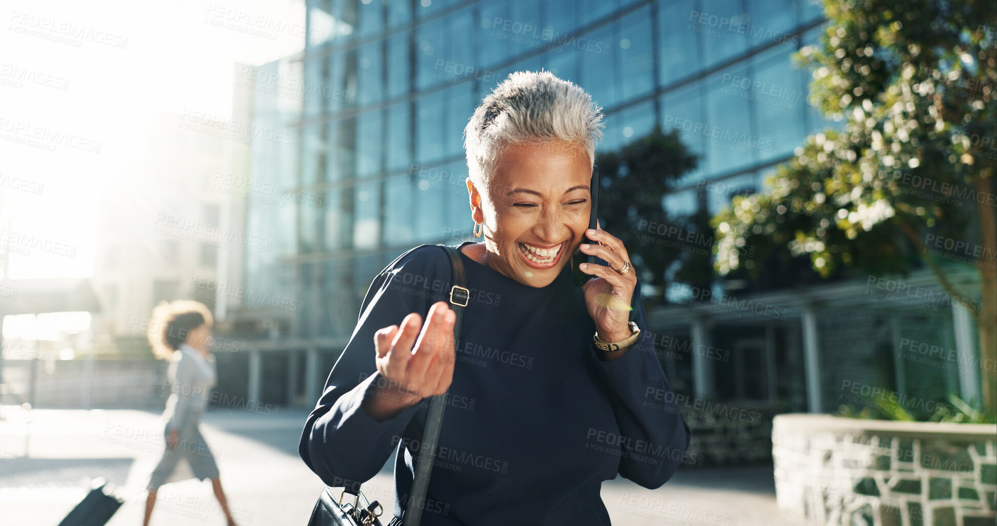 Buy stock photo Phone call, business and woman in city, funny and commute with conversation, investor and excited. Mature person, accounting and financial advisor with humor, smile and app with joke, joy or laughing