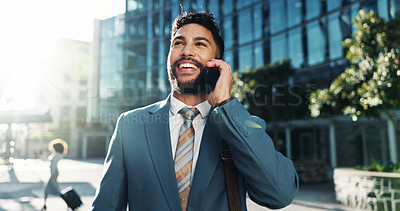Buy stock photo Phone call, business and man with smile, outdoor and commute with conversation, attorney and talking. Person, legal aid or lawyer with humor, travel and digital app for communication, joy or laughing
