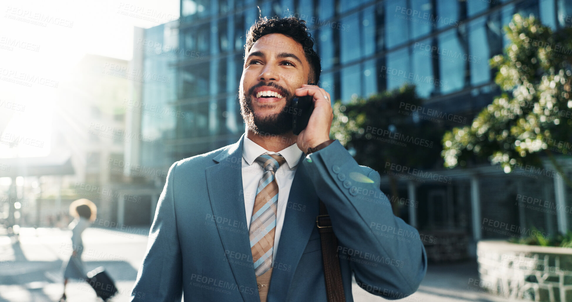 Buy stock photo Phone call, business and man with smile, outdoor and commute with conversation, attorney and talking. Person, legal aid or lawyer with humor, travel and digital app for communication, joy or laughing