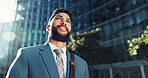 City, opportunity and thinking with business man outdoor for idea, inspiration or travel. Building, hope and vision with happy corporate professional in urban town for commute or start of new job