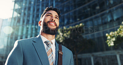 Buy stock photo City, opportunity and thinking with business man outdoor for idea, inspiration or travel. Building, hope and vision with happy corporate professional in urban town for commute or start of new job