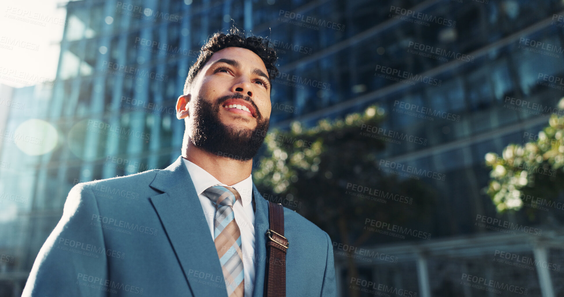 Buy stock photo City, opportunity and thinking with business man outdoor for idea, inspiration or travel. Building, hope and vision with happy corporate professional in urban town for commute or start of new job