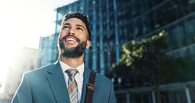 Buy stock photo Commute, opportunity and thinking with businessman in city for idea, inspiration or travel. Building, hope and vision with happy corporate professional outdoor in urban town for start of new job