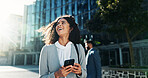 City, opportunity and thinking with business woman outdoor for idea, inspiration or travel. Building, commute and vision with happy corporate professional in urban town for mobile communication