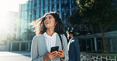 Buy stock photo City, opportunity and thinking with business woman outdoor for idea, inspiration or travel. Building, commute and vision with happy corporate professional in urban town for mobile communication