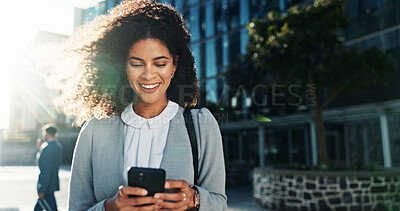 Buy stock photo Happy, phone and professional with woman in city for legal policy update, news and lawyer case. Smile, reading and client litigation with person outdoor for mobile, networking app and advocate 