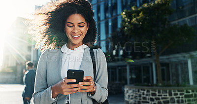 Buy stock photo Smile, phone and professional with woman in city for legal policy update, news and lawyer case. Happy, reading and client litigation with person outdoor for mobile, networking app and advocate 
