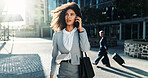 Phone call, business and woman in city, talking and commute with conversation, investor and travel. Person, accounting and financial advisor with schedule, digital app or communication in New York