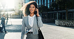 Phone call, business and woman with conversation, outdoor and commute with legal aid. Person, lawyer and attorney in city, travel and digital app with communication, schedule and travel in New York
