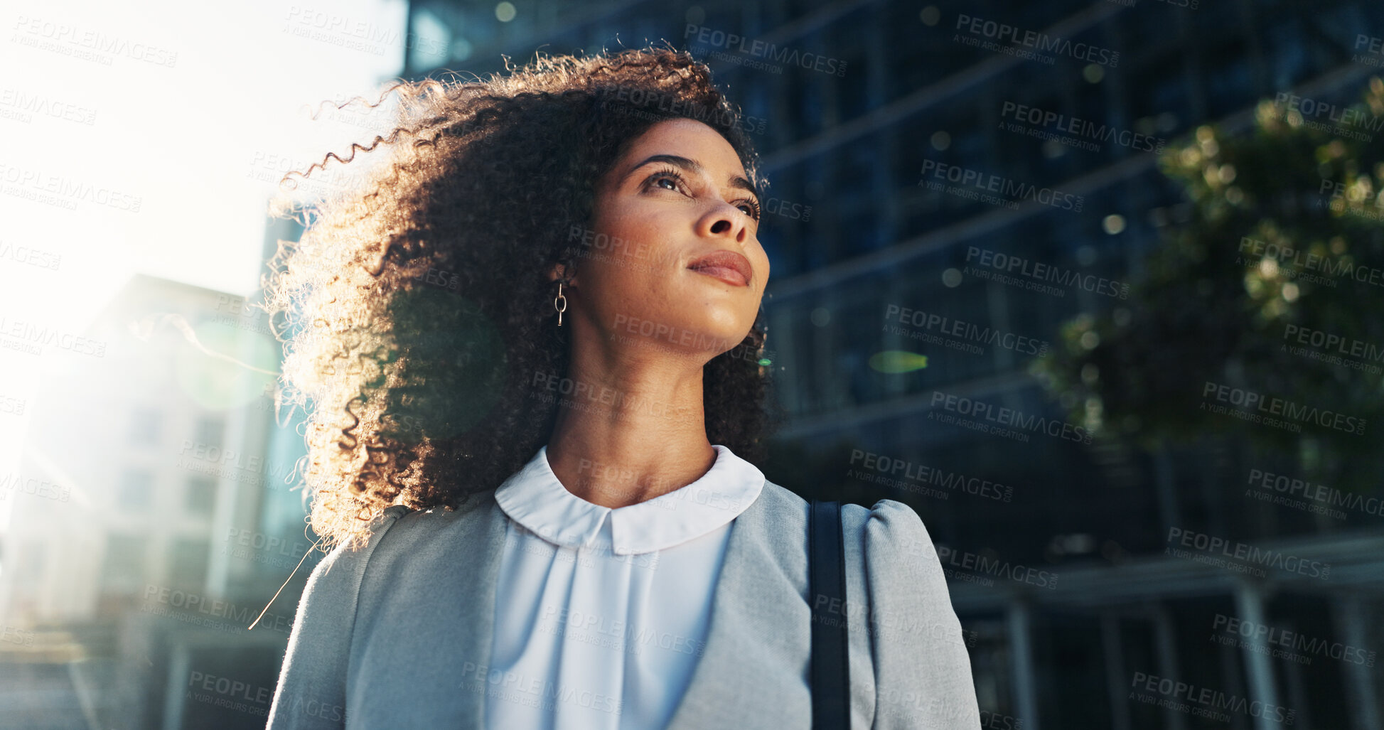 Buy stock photo City, hope and thinking with business woman outdoor for idea, inspiration or travel. Building, opportunity and vision with confident corporate professional in urban town for start of new job