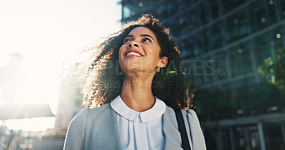 Buy stock photo City, smile and thinking with business woman outdoor for idea, inspiration or travel. Building, career opportunity and future with happy corporate professional in urban town for start of new job