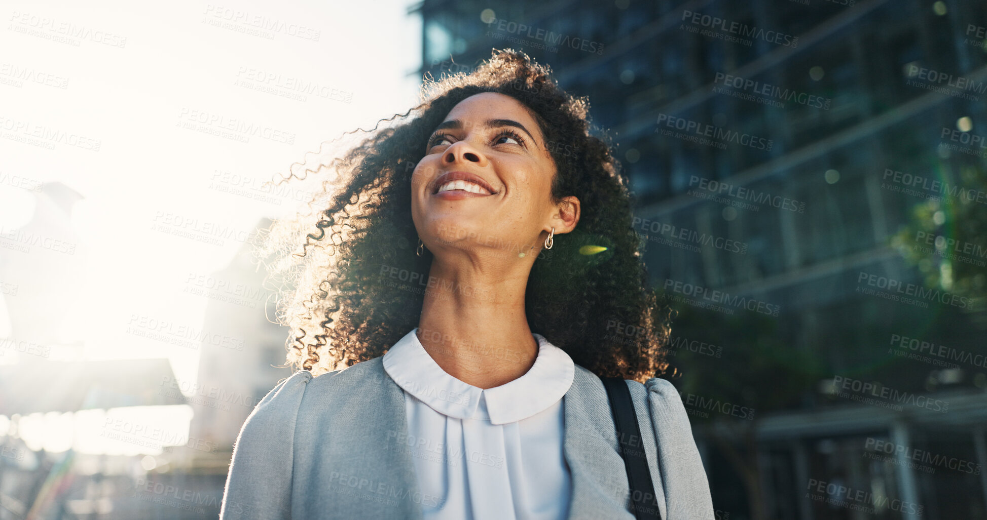 Buy stock photo City, smile and thinking with business woman outdoor for idea, inspiration or travel. Building, career opportunity and future with happy corporate professional in urban town for start of new job