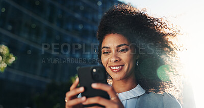 Buy stock photo Search, phone and professional with woman in city for legal policy update, news and lawyer case. Happy, reading and client litigation with person outdoor for mobile, networking app and advocate