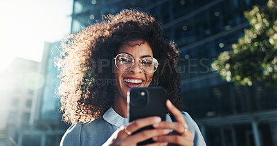 Buy stock photo Glasses, phone and professional with woman in city for legal policy update, news and lawyer case. Happy, reading and client litigation with person outdoor for mobile, networking app and advocate 