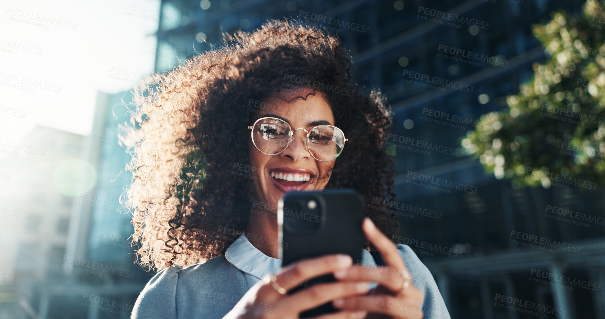 Buy stock photo Glasses, phone and professional with woman in city for legal policy update, news and lawyer case. Happy, reading and client litigation with person outdoor for mobile, networking app and advocate 