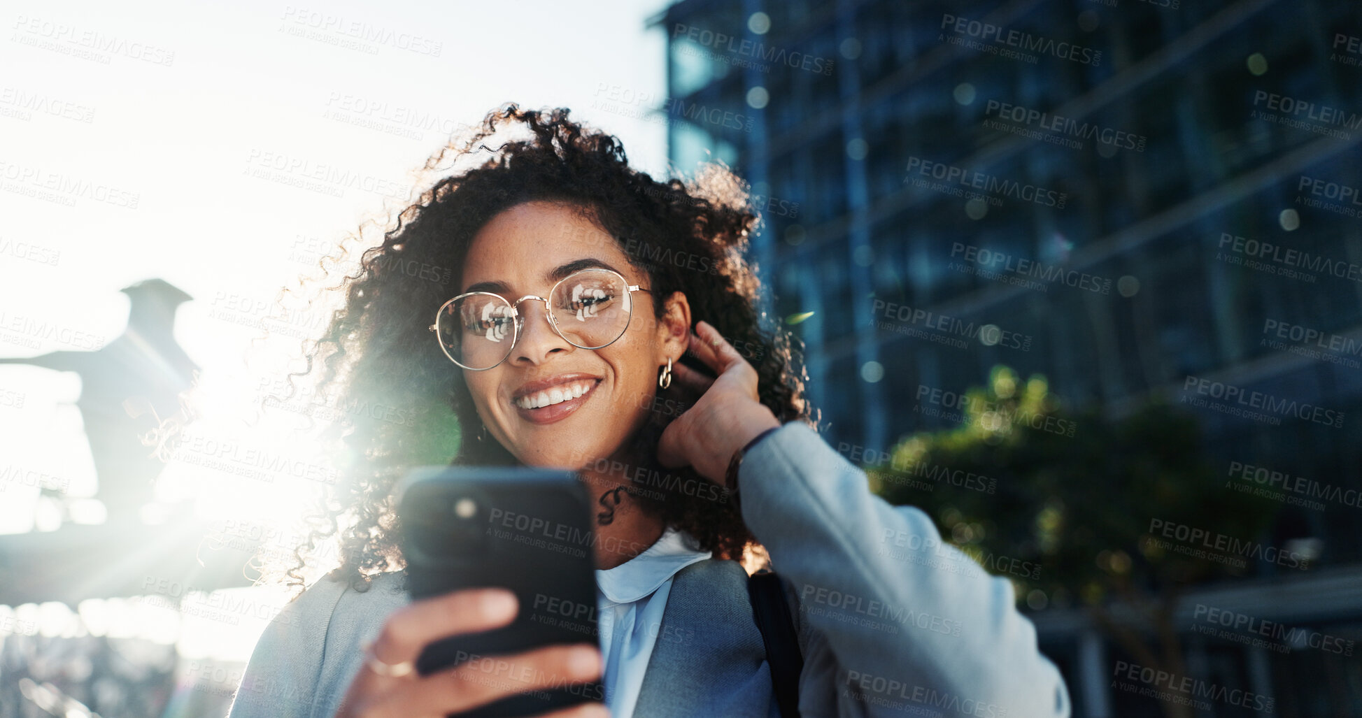 Buy stock photo Smile, phone and search with business woman in city for legal policy update, news and lawyer case. Happy, reading and client litigation with person outdoor for mobile, networking app and advocate 