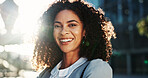 Confident, travel and woman with smile, city and commuting to work in morning, social worker and road. Outdoor, human services professional and happy person on urban street, portrait and employee
