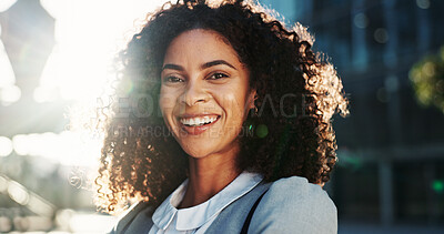 Buy stock photo Confident, travel and woman with smile, city and commuting to work in morning, social worker and road. Outdoor, human services professional and happy person on urban street, portrait and employee