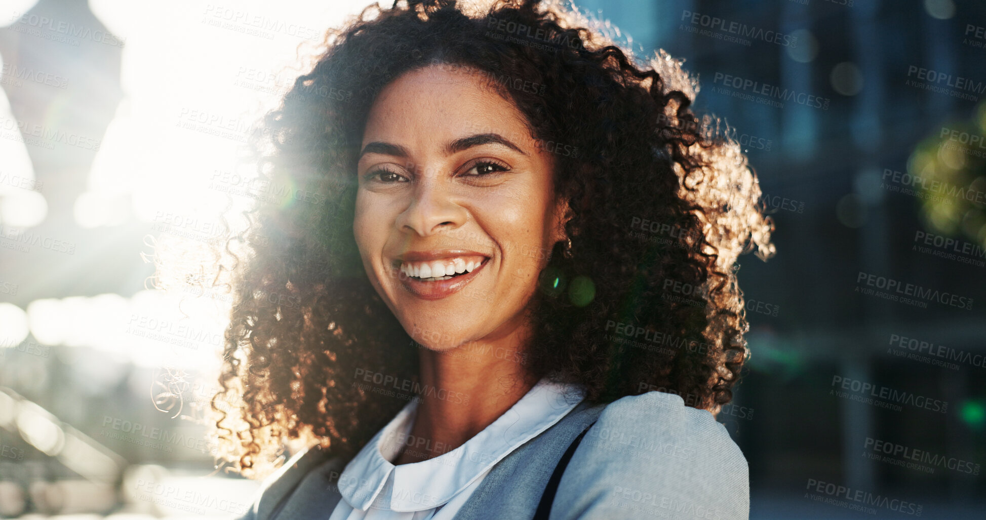 Buy stock photo Confident, travel and woman with smile, city and commuting to work in morning, social worker and road. Outdoor, human services professional and happy person on urban street, portrait and employee