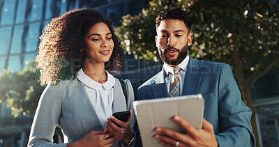 Buy stock photo Tablet, city and team of business people in conversation for urban planning, email or brainstorming ideas. Digital technology, collaboration and employees outdoor for project development or solution