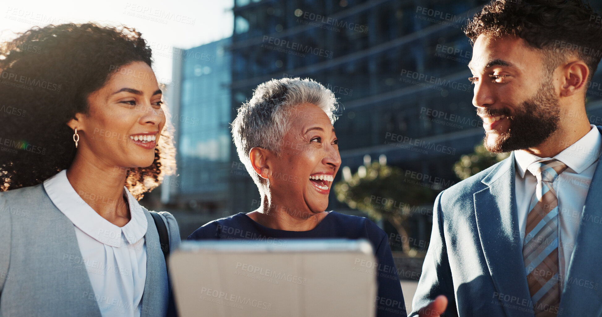 Buy stock photo Tablet, city and group of business people laugh for funny joke, humor or urban planning. Digital technology, collaboration and employees outdoor for project development or discussion with manager