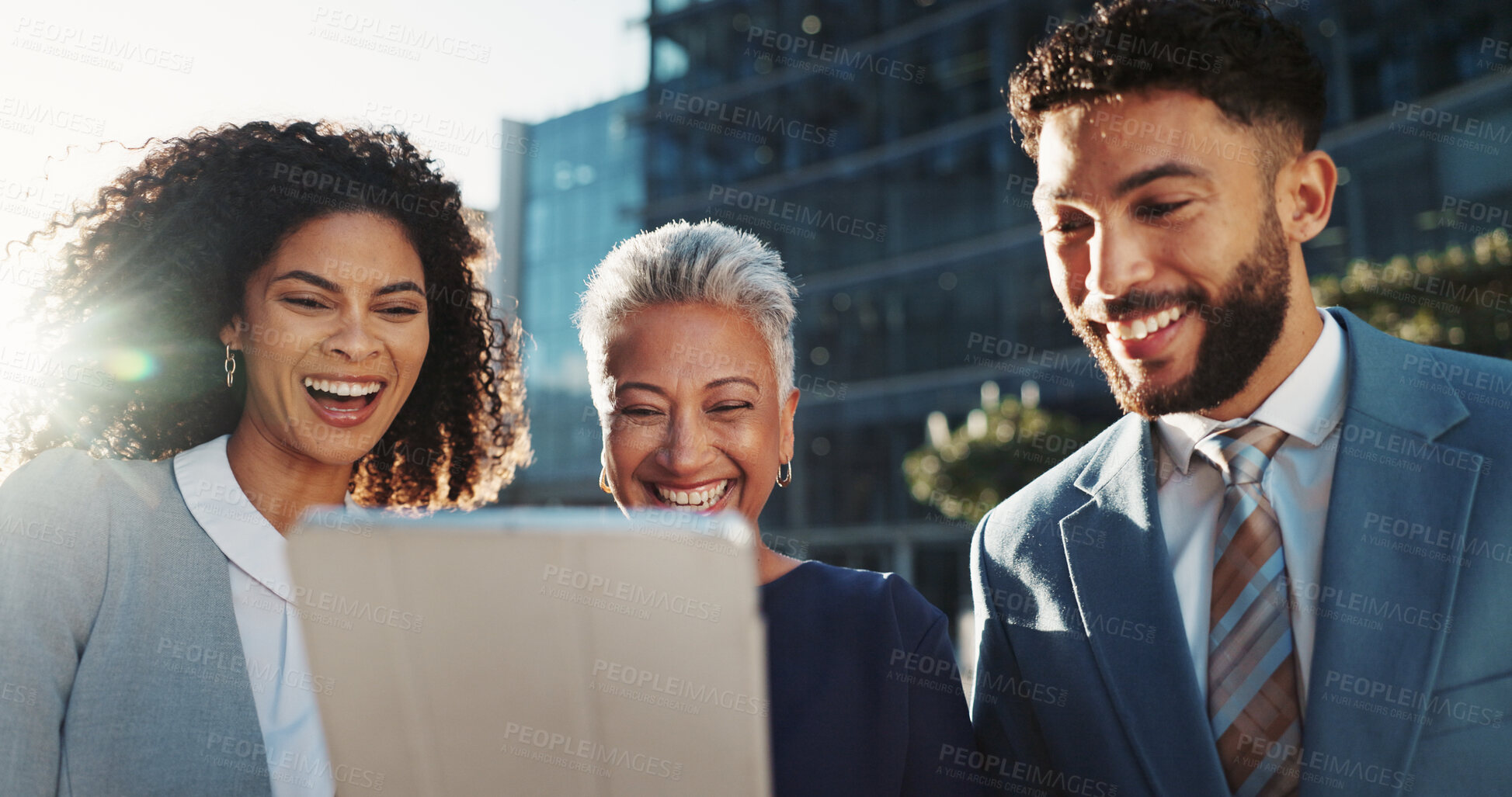 Buy stock photo Tablet, city and group of business people in conversation for urban planning, laugh or funny joke. Digital technology, collaboration and happy employees outdoor for project development with manager