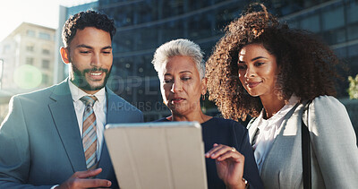 Buy stock photo Tablet, city and group of business people in discussion for urban planning, email or brainstorming ideas. Digital technology, collaboration and employees outdoor for project development or solution