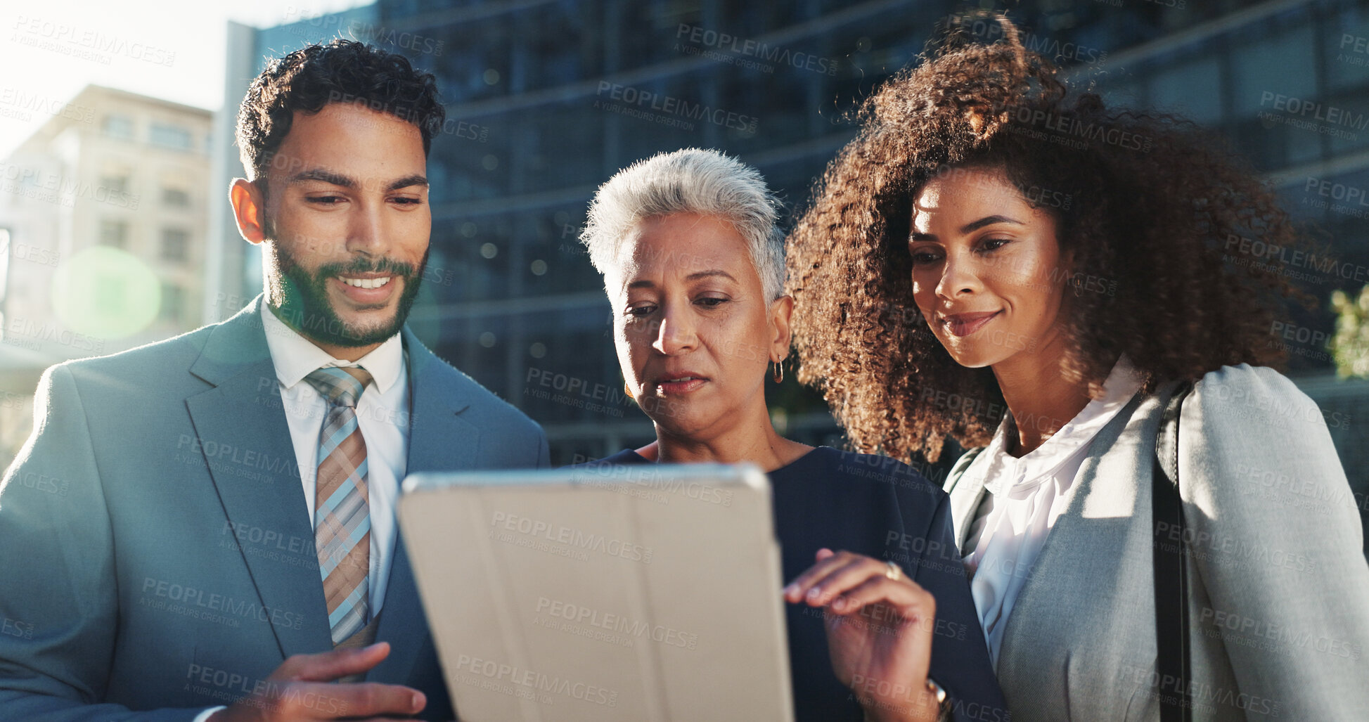 Buy stock photo Tablet, city and group of business people in discussion for urban planning, email or brainstorming ideas. Digital technology, collaboration and employees outdoor for project development or solution