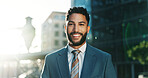 Architecture, portrait and smile of man in city for commercial real estate or property development. Business, buildings and infrastructure with happy employee outdoor in urban town for opportunity