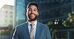 Business, portrait and smile of man in city for commercial real estate or property development. Architecture, buildings and infrastructure with happy employee outdoor in urban town for opportunity