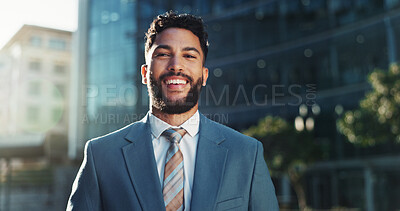 Buy stock photo Business, portrait and smile of man in city for commercial real estate or property development. Architecture, buildings and infrastructure with happy employee outdoor in urban town for opportunity