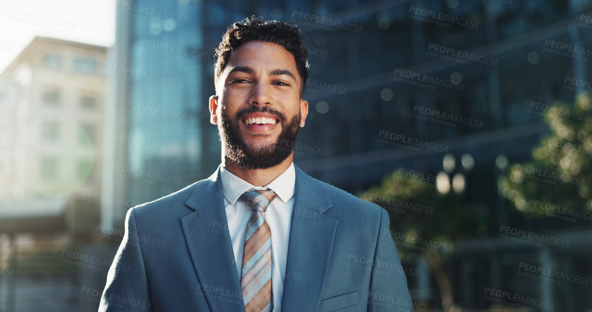 Buy stock photo Business, portrait and smile of man in city for commercial real estate or property development. Architecture, buildings and infrastructure with happy employee outdoor in urban town for opportunity