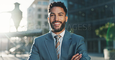 Buy stock photo Arms crossed, business and portrait of man in city for commercial real estate or property development. Architecture, buildings and smile with happy employee outdoor in urban town for opportunity