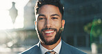 Buildings, portrait and smile of man in city for commercial real estate or property development. Architecture, business and infrastructure with happy employee outdoor in urban town for opportunity
