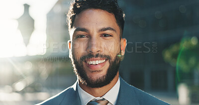 Buy stock photo Buildings, portrait and smile of man in city for commercial real estate or property development. Architecture, business and infrastructure with happy employee outdoor in New York for opportunity