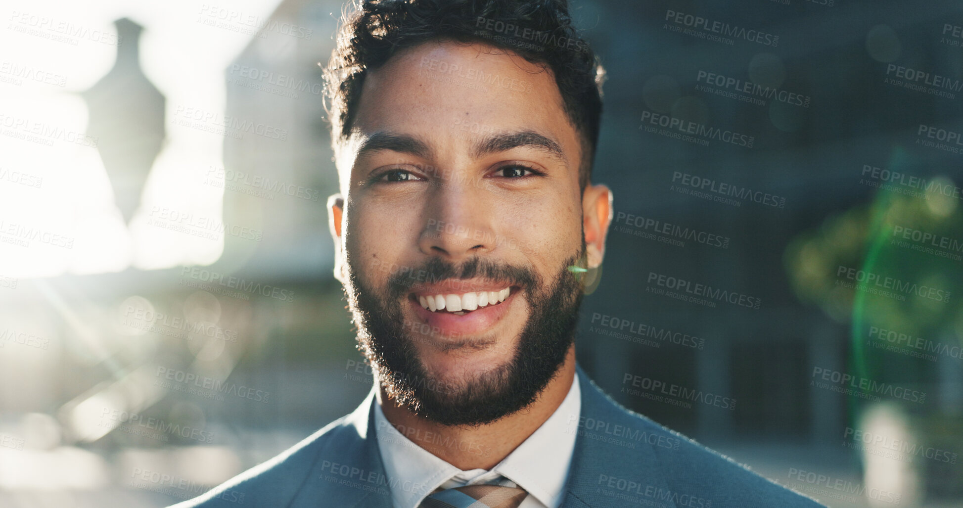 Buy stock photo Buildings, portrait and smile of man in city for commercial real estate or property development. Architecture, business and infrastructure with happy employee outdoor in New York for opportunity