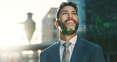 Buy stock photo Business, commute and thinking with man in city for idea, inspiration or travel. Building, smile and vision with happy corporate professional outdoor in urban town for opportunity or start of new job