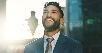 Buy stock photo Business, commute and happy man in city for idea, inspiration or travel. Building, hope and vision with smile of corporate professional outdoor in urban town for opportunity or start of new job