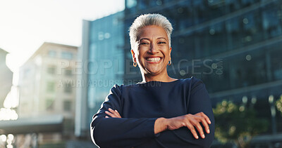Buy stock photo Portrait, employee and woman with arms crossed, outdoor and commuting to work in morning, social worker and road. City, human services professional and mature person on urban street, smile and travel