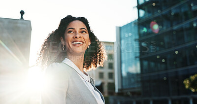 Buy stock photo Business, commute and thinking with woman in city for idea, inspiration or travel. Building, opportunity and vision with smile of corporate professional outdoor in urban town for start of new job