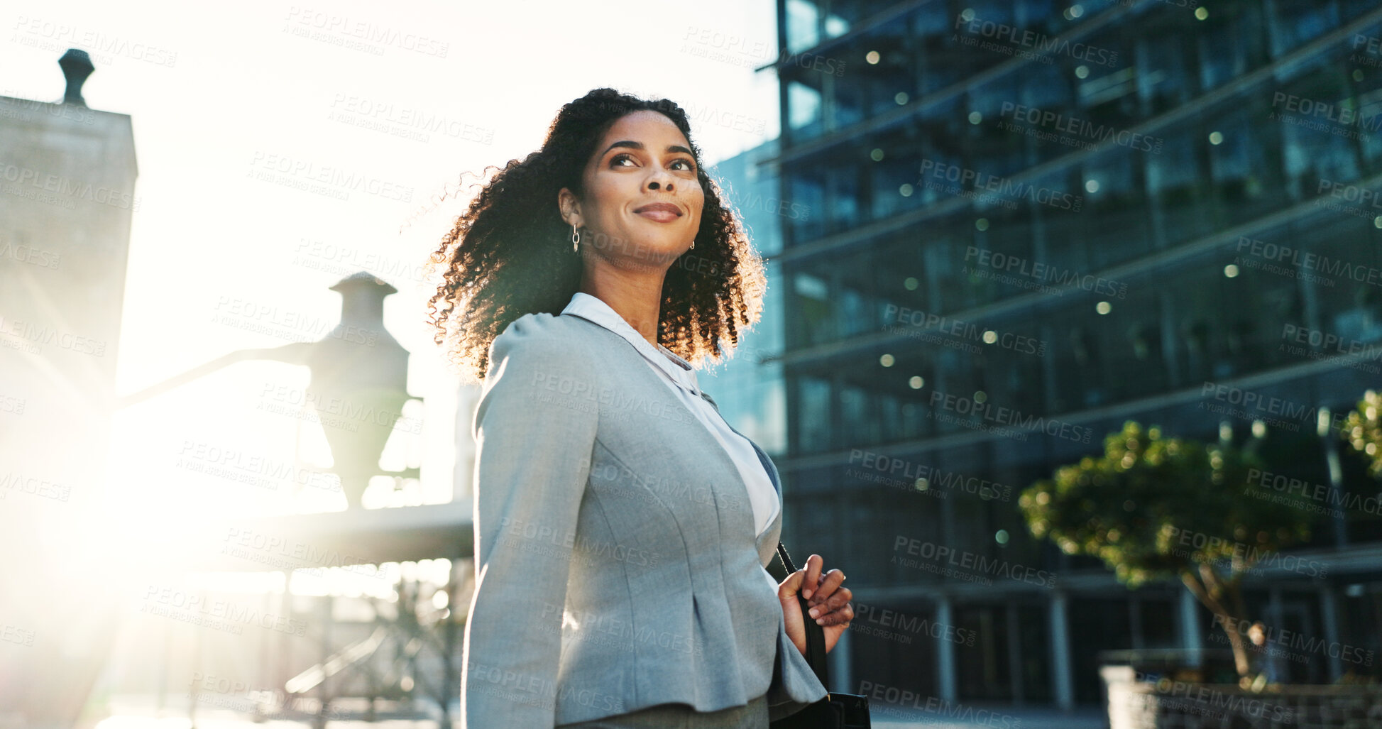 Buy stock photo City, thinking and walking with business woman outdoor for idea, inspiration or travel. Building, commute and opportunity with confident corporate professional in urban town for start of new job