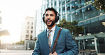 Headphones, music and business man outdoor with morning playlist, thinking and streaming radio for travel. Audio, city and happy employee listening to song, urban podcast or idea for sound on commute