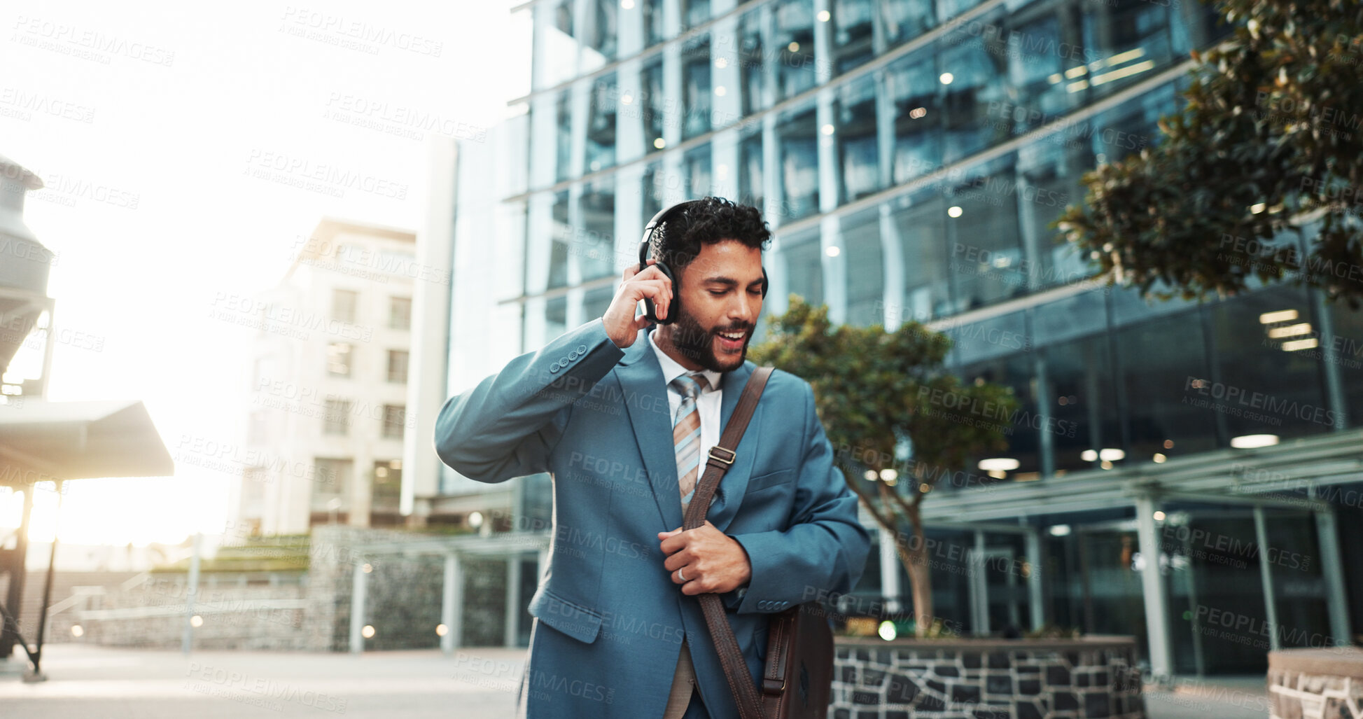 Buy stock photo Smile, music and business man in city with morning playlist, audio and streaming radio for travel. Headphones, outdoor and happy employee listening to song, urban podcast and sound on work commute
