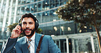Headphones, audio and business man in city with morning playlist and streaming radio for travel. Music, outdoor and happy employee listening to song, corporate podcast or thinking of sound on commute