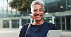 Happy, employee and woman with tablet, outdoor and commuting to work in morning, social worker or road. City, human services professional and mature person on urban street, portrait or travel in Cuba