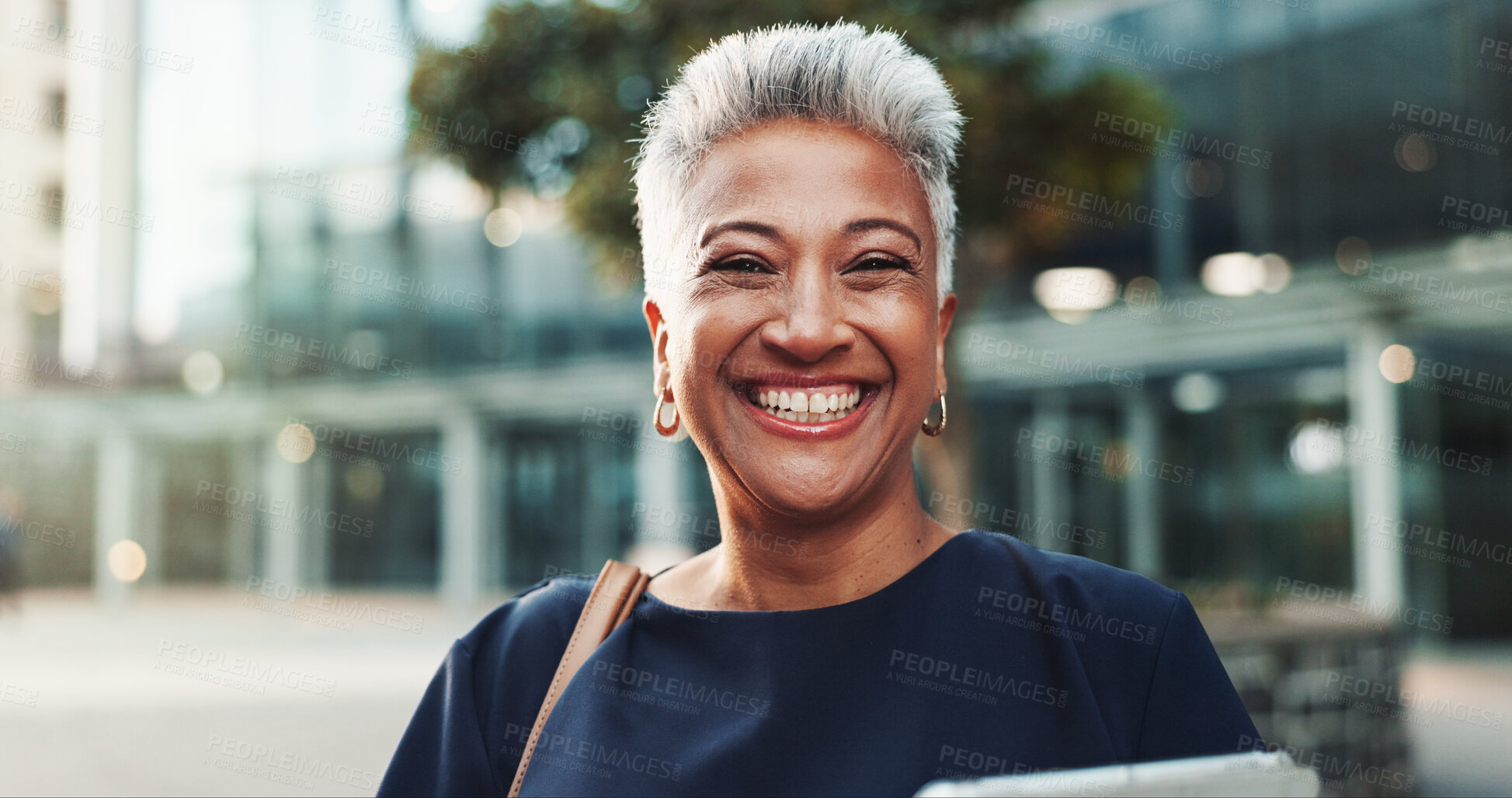 Buy stock photo Portrait, employee and woman with tablet, outdoor and commuting to work in morning, social worker or road. City, human services professional and mature person on urban street, happy or travel in Cuba