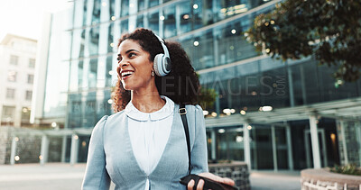 Buy stock photo Commute, headphones and thinking with businesswoman in city for idea, inspiration or travel. Building, music and vision with happy corporate professional outdoor in urban town for start of new job